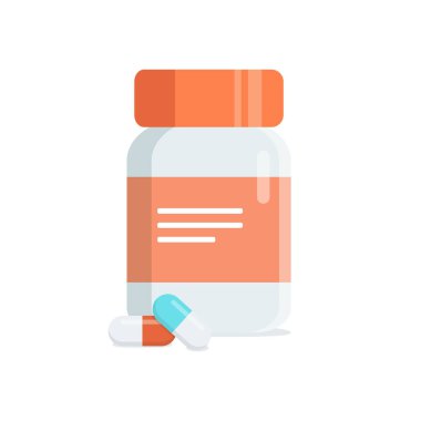 Beyaz arka planda izole edilmiş haplarla dolu ilaç şişesi. Vektör illüstrasyonu