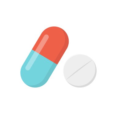 Tıbbi hap ve kapsül beyaz arka planda izole edilmiş. Vektör illüstrasyonu