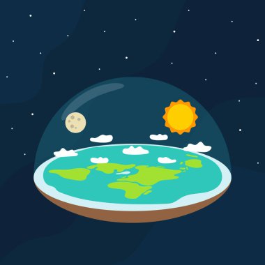 Düz Dünya teorisi. Uzayda Güneş ve Ay 'la birlikte Düz Dünya. Vektör illüstrasyonu