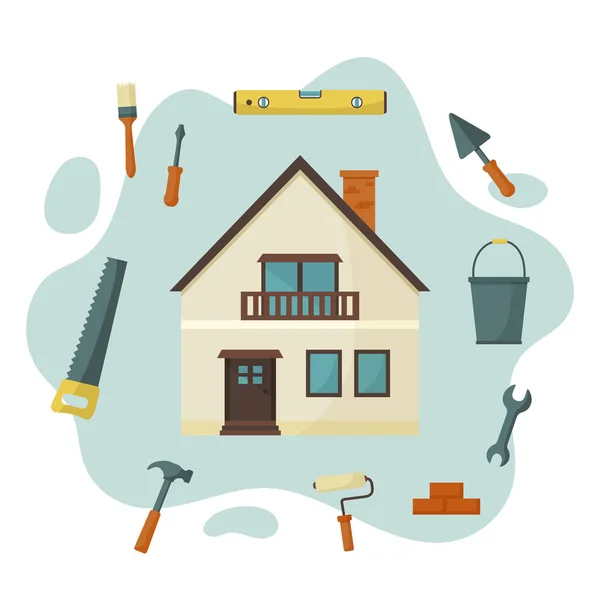 房子里有不同的建筑工具 建造或修理房屋 矢量说明 — 图库矢量图片