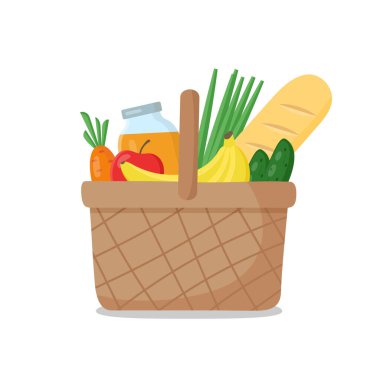 Beyaz arka planda yiyecek izole edilmiş piknik sepeti. Vektör illüstrasyonu