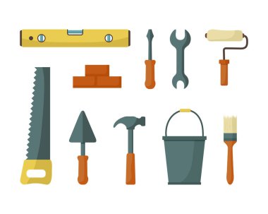 Beyaz arka planda izole edilmiş inşaat aletleri. Vektör illüstrasyonu