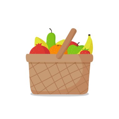 Beyaz arka planda meyveli piknik sepeti. Vektör illüstrasyonu