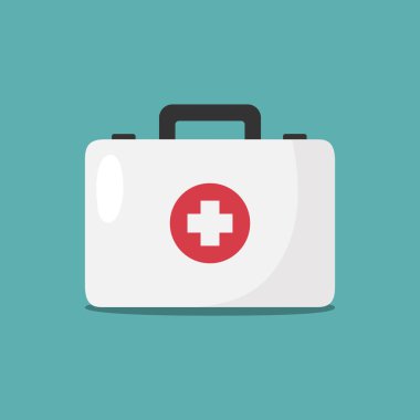 Tıbbi bir vaka. Mavi arka planda ilk yardım çantası. Vektör illüstrasyonu