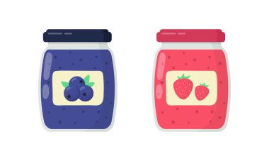Beyaz zemin üzerinde yaban mersini reçeli ve çilek reçeli bulunan cam kavanozlar. Vektör illüstrasyonu