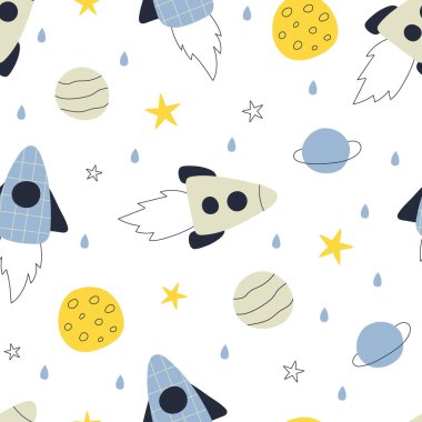 Roketler, gezegenler ve yıldızlarla kusursuz desen. Vektör illüstrasyonu