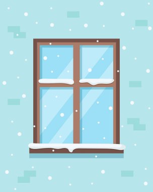 Kış penceresi. Pencereli duvar. Vektör illüstrasyonu