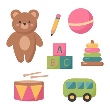 Sevimli çocuklar için oyuncak seti. Beyaz arkaplanda düz vektör illüstrasyonu.