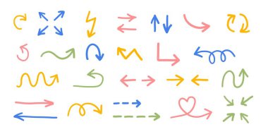 Renkli oklar çizen bir çift el. Vektör illüstrasyonu.