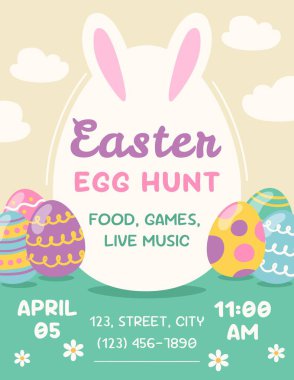 Paskalya yumurtası avı posterleri ve paskalya yumurtaları. Vektör illüstrasyonu