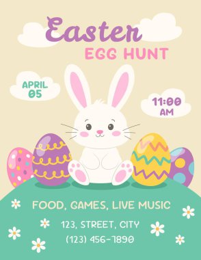Tatlı tavşan ve renkli yumurtalarla Paskalya Avı afişi. Vektör illüstrasyonu