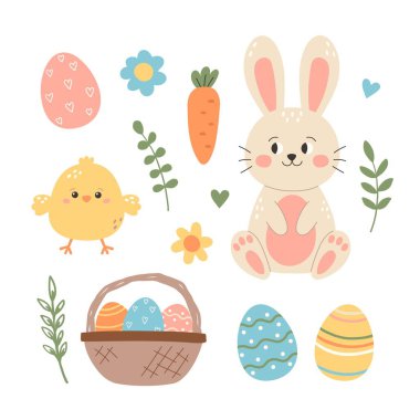 Paskalya elementlerinin şirin bir koleksiyonu. Poster, kartpostal, yapıştırma kitabı ve çıkartmalar için vektör yay seti.