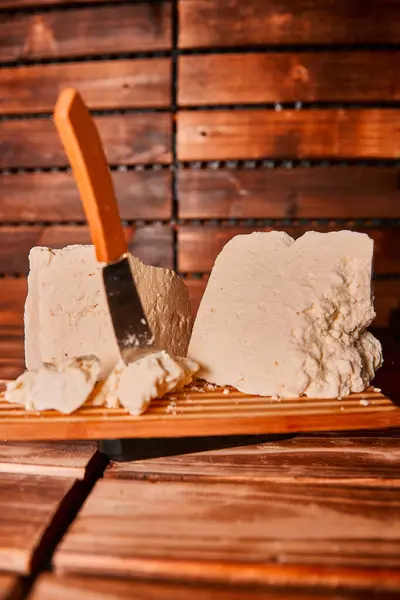 Soft Morning Light Hard Cheese Knife Cutting Shot Wooden Background — Stock Photo, Image