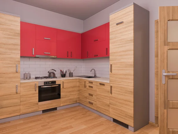 Visualización 3D de la cocina de diseño de interiores en un apartmen estudio — Foto de Stock