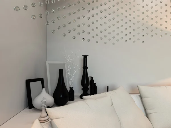 Εσωτερική διακόσμηση υπνοδωμάτιο σε μαύρο και άσπρο χρώματα. — Φωτογραφία Αρχείου