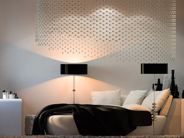 Dormitorio de diseño interior en colores blanco y negro . —  Fotos de Stock