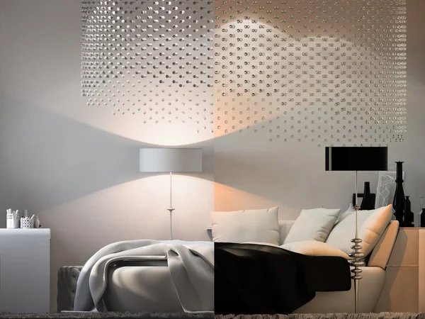 Dormitorio de diseño interior en colores blanco y negro . —  Fotos de Stock