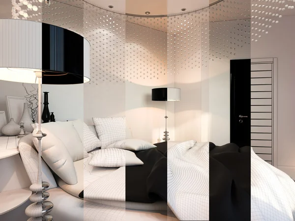 3d rendere camera da letto di design interno visualizzato nella maglia poligonale . — Foto Stock