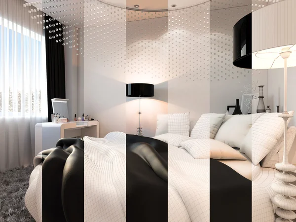 3d rendere camera da letto di design interno visualizzato nella maglia poligonale . — Foto Stock