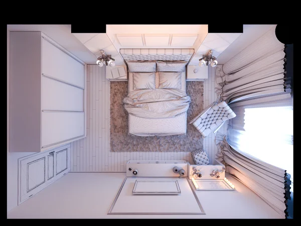 3D-Darstellung der Schlafzimmereinrichtung im modernen klassischen Stil. — Stockfoto