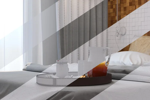現代的なスタイルのベッドルームのインテリア デザインの 3 d レンダリング. — ストック写真