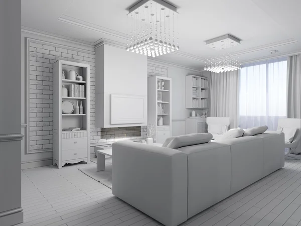 3D render wnętrz pokój dzienny w stylu klasyki współczesnej — Zdjęcie stockowe