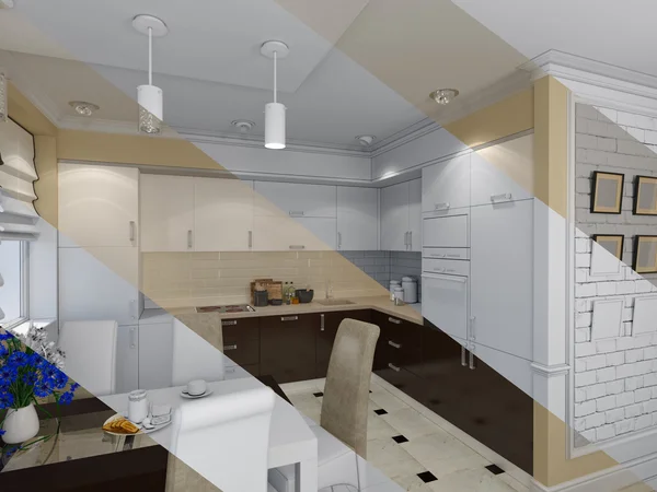 Rendering 3d di un soggiorno con cucina interior design in stile classico moderno — Foto Stock