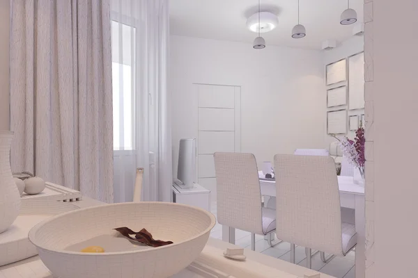 3d renderizado de sala de estar con diseño de interiores de cocina en un moderno —  Fotos de Stock