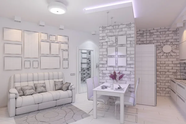 3d renderizado de sala de estar con diseño de interiores de cocina en un moderno —  Fotos de Stock