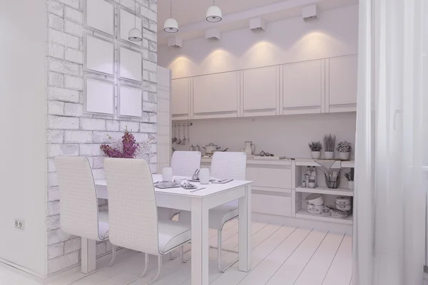 3d renderizado de sala de estar con diseño de interiores de cocina en un moderno —  Fotos de Stock