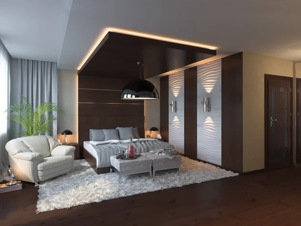 现代风格卧室室内设计的 3d 渲染. — 图库照片