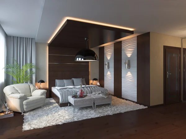 3D render sypialni projektowania wnętrz w nowoczesnym stylu. — Zdjęcie stockowe