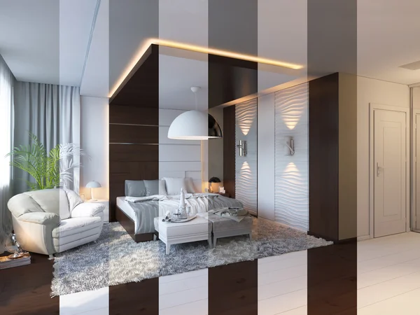 Rendering 3d di camera da letto interior design in stile contemporaneo . — Foto Stock