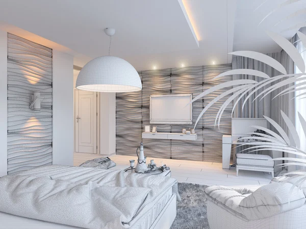 Rendering 3d di camera da letto interior design in stile contemporaneo . — Foto Stock