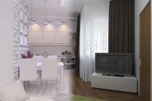 3D render ของห้องนั่งเล่นที่มีการออกแบบตกแต่งภายในห้องครัวในระดับปานกลาง — ภาพถ่ายสต็อก