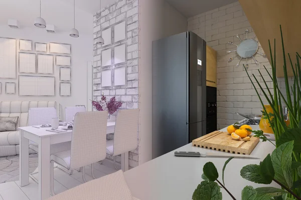 3d renderizado de sala de estar con diseño de interiores de cocina en un moder —  Fotos de Stock