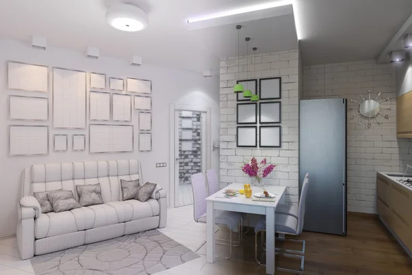 Renderização 3d da sala de estar com cozinha design de interiores em um moder — Fotografia de Stock