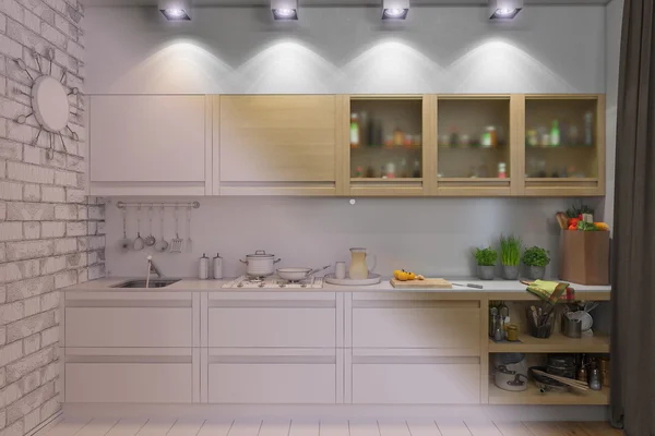 3D render kuchnia wnętrz w nowoczesnym stylu. — Zdjęcie stockowe