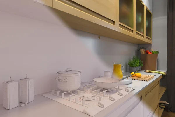 Renderização 3d de design de interiores de cozinha em um estilo moderno . — Fotografia de Stock
