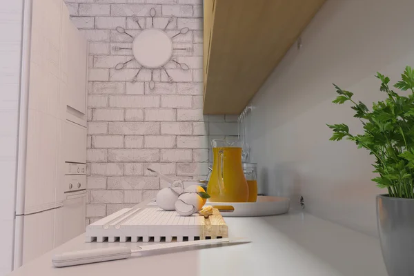 3D render ของการออกแบบตกแต่งภายในห้องครัวในสไตล์ที่ทันสมัย . — ภาพถ่ายสต็อก