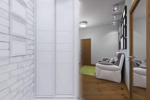 3d renderizado de sala de estar con diseño de interiores de pasillo en un s moderno — Foto de Stock