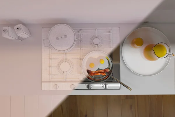 Mutfak iç tasarım modern bir tarzda 3D render. — Stok fotoğraf