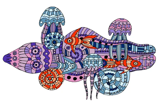 Ilustración vectorial de una vida marina de garabatos — Vector de stock