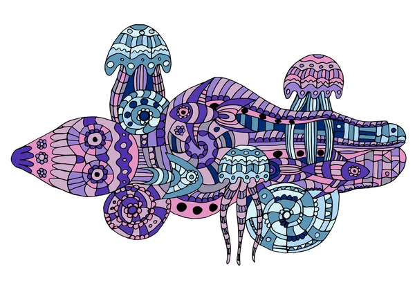 Ilustración vectorial de una vida marina de garabatos — Vector de stock