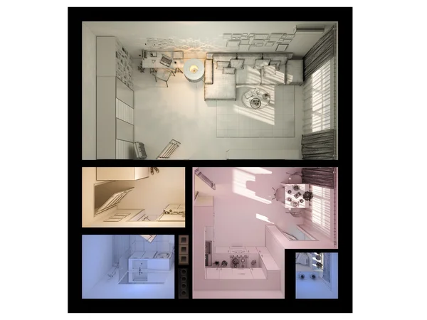 ワンルーム マンションのインテリア デザインの 3次元可視化. — ストック写真