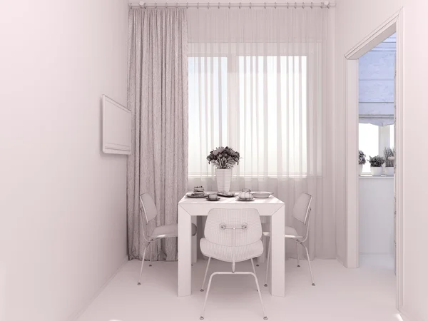 3D визуализация кухни с интерьером в однокомнатной квартире — стоковое фото