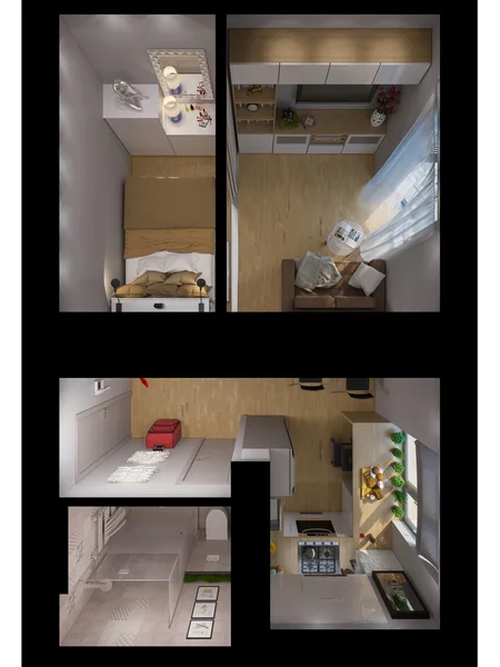 3d rendu salon, cuisine, hall, chambre, salle de bains inter — Photo