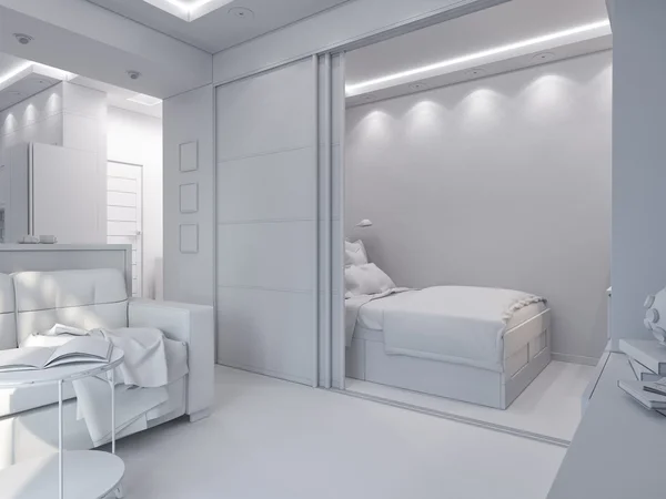 3D render oturma odası ve yatak odası iç tasarım. — Stok fotoğraf