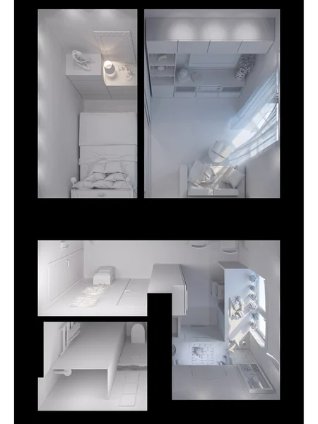 Mimo 3D vykreslování žijící místnost, kuchyň, hala, ložnice, koupelna — Stock fotografie