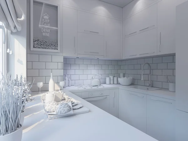 3d decoración de la cocina de renderizado. Diseño de interiores en un estilo moderno —  Fotos de Stock